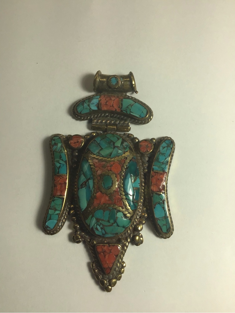 Handcrafted Turquoise and Coral Inlay Pendant Necklace